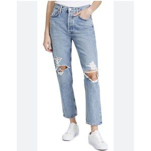 AGOLDE High Rise Distressed Straight Leg Jeans in Light Blue